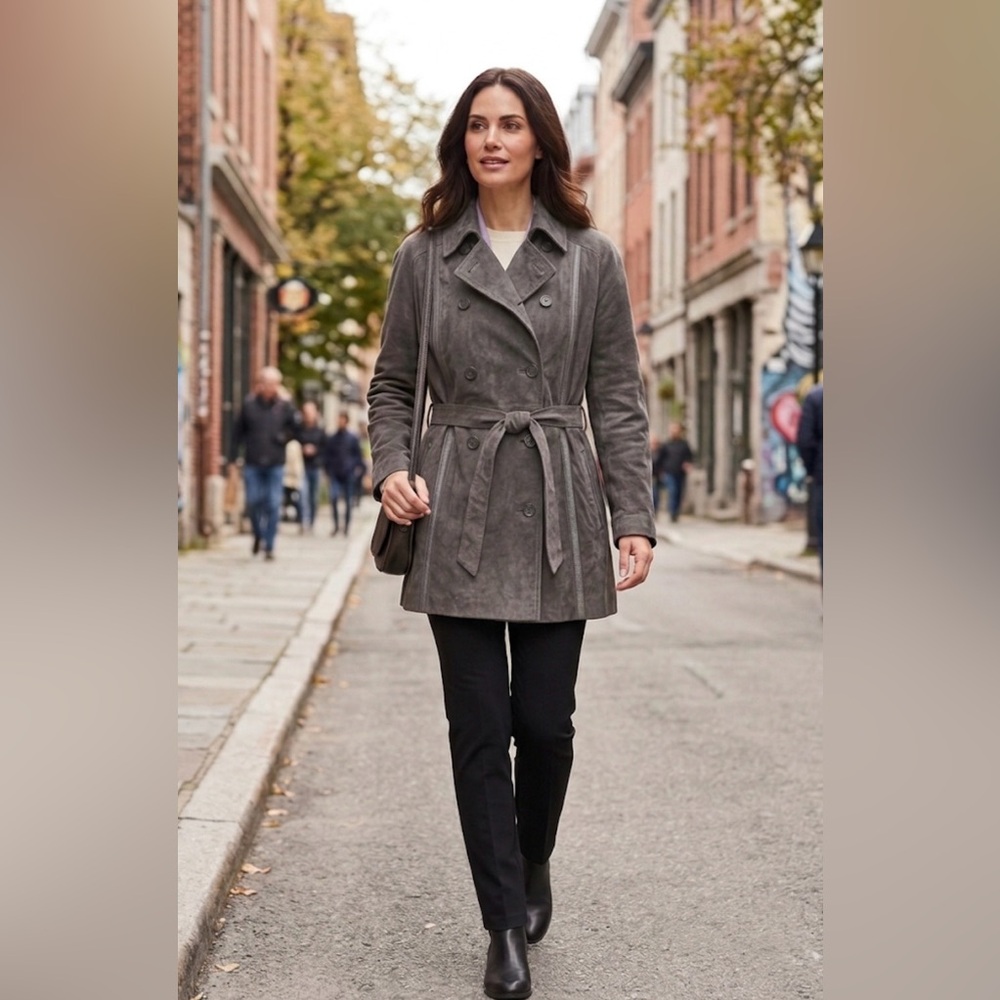 VINTAGE ‘80’s Double-Breasted Suede Trench Coat - Gray